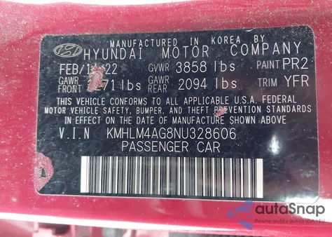 2022 Hyundai Elantra Sel z USA, uszkodzony, nr VIN KMHLM4AG8NU328606